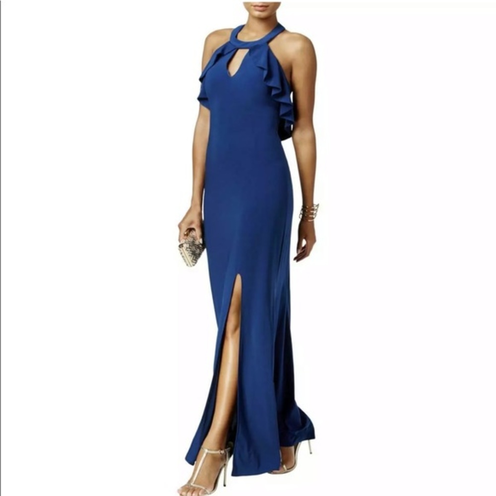Women’s Formal Dress Size 14 Blue Ruffled Open Back NIGHTWAY